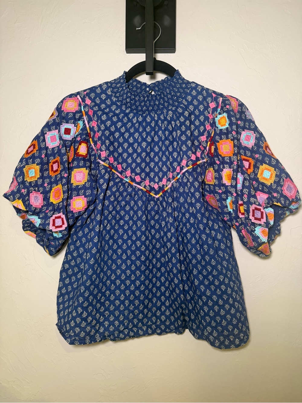 THML Navy Printed Puff-Sleeve Top